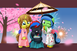 Size: 800x531 | Tagged: safe, artist:jhayarr23, oc, oc only, oc:smooth walker, oc:terra wrath, pony, unicorn, bipedal, bowl, clothes, female, kimono (clothing), mare, umbrella, wing hands, wings