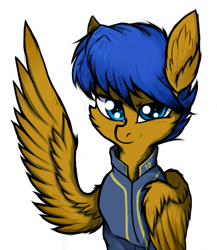 Size: 4000x4615 | Tagged: safe, artist:tatykin, derpibooru exclusive, oc, oc only, oc:crushingvictory, pegasus, pony, fallout equestria, absurd resolution, cheek fluff, clothes, ear fluff, folded wing, jumpsuit, raised wing, simple background, solo, vault suit