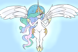 Size: 2712x1838 | Tagged: safe, artist:anonymous, princess celestia, alicorn, pony, g4, 4chan, abstract background, both cutie marks, disproportional anatomy, drawthread, female, floating, huge butt, large butt, looking at you, pose, solo, wide hips
