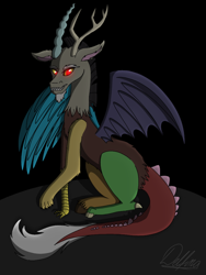 Size: 768x1024 | Tagged: safe, artist:delfinaluther, discord, draconequus, g4, badass, dark, glowing eyes, male, red eyes, simple background, solo