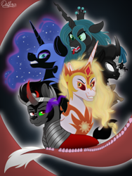 Size: 768x1024 | Tagged: safe, artist:delfinaluther, daybreaker, discord, king sombra, nightmare moon, pony of shadows, queen chrysalis, stygian, alicorn, changeling, changeling queen, draconequus, pony, umbrum, g4, antagonist, badass, epic, female, male, mare, stallion