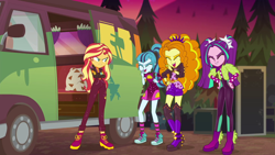 Size: 1920x1080 | Tagged: safe, screencap, adagio dazzle, aria blaze, sonata dusk, sunset shimmer, equestria girls, equestria girls specials, g4, my little pony equestria girls: better together, my little pony equestria girls: sunset's backstage pass, dodge a100, female, music festival outfit, the dazzlings, the dazzlings tour bus