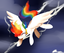 Size: 2449x2049 | Tagged: safe, artist:polkadot-creeper, rainbow dash, pegasus, pony, g4, 2012, badass, cloud, element of loyalty, epic, female, flying, high res, mare, sky, solo, spread wings, storm, super rainbow dash, wings