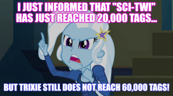 Size: 1280x714 | Tagged: safe, edit, edited screencap, screencap, trixie, equestria girls, g4, my little pony equestria girls: rainbow rocks, caption, clothes, female, image macro, implied sci-twi, meme, solo, text, trixie yells at everything