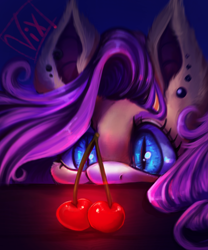 Size: 2280x2737 | Tagged: safe, artist:thewickedvix, fluttershy, bat pony, pony, g4, bat ponified, bust, cherry, cute, ear piercing, eyes on the prize, female, flutterbat, food, high res, looking at something, piercing, portrait, race swap, shyabetes, signature, slit pupils, solo