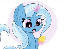 Size: 1600x1200 | Tagged: safe, artist:janelearts, trixie, pony, unicorn, g4, abstract background, disgusted, eww, female, food, lemon, magic, solo, telekinesis, tongue out