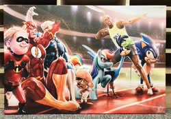 Size: 2048x1418 | Tagged: safe, artist:wizyakuza, rainbow dash, bird, hedgehog, human, mouse, pegasus, pony, roadrunner, g4, crossover, dash parr, disney, female, greater roadrunner, looney tunes, male, mare, olympic games, olympics, pixar, quicksilver (marvel), race, sonic the hedgehog, sonic the hedgehog (series), speedy gonzales, stadium, the flash, the incredibles, usain bolt