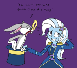 Size: 1229x1080 | Tagged: safe, artist:bugssonicx, trixie, rabbit, equestria girls, g4, animal, annoyed, arm behind head, bugs bunny, bunny out of the hat, clothes, clothespin, complaining, crossover, embarrassed, female, hat, looney tunes, male, procrastination, top hat