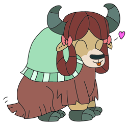 Size: 1362x1369 | Tagged: safe, artist:supahdonarudo, yona, yak, g4, :p, bow, cloven hooves, cute, female, hair bow, heart, monkey swings, simple background, sitting, tail wag, tongue out, transparent background, yonadorable