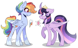 Size: 2193x1353 | Tagged: safe, artist:jxstmargaret, rainbow dash, twilight sparkle, alicorn, pegasus, pony, g4, crown, cutie mark, duo, female, hooves, jewelry, lesbian, mare, regalia, ship:twidash, shipping, simple background, transparent background, twilight sparkle (alicorn), wings