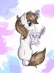 Size: 1990x2690 | Tagged: safe, artist:lightisanasshole, oc, oc only, oc:dorm pony, pony, unicorn, hearth's warming con, abstract background, book, brown eyes, brush, curved horn, horn, levitation, looking at you, looking back, magic, painting, solo, telekinesis