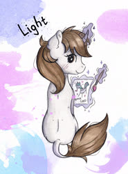 Size: 1990x2690 | Tagged: safe, artist:lightisanasshole, edit, oc, oc only, oc:dorm pony, pony, unicorn, hearth's warming con, abstract background, book, brown eyes, brush, curved horn, horn, levitation, looking at you, looking back, magic, painting, solo, telekinesis, text, text edit