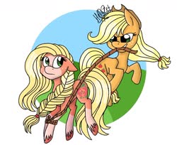 Size: 1080x883 | Tagged: artist needed, source needed, safe, applejack, earth pony, pony, g4, applejack (g5 concept leak), braid, duo, female, g4 to g5, g5 concept leak style, g5 concept leaks, generational ponidox, mare, redesign, rope