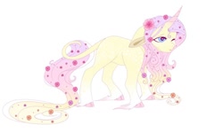 Size: 800x480 | Tagged: artist needed, source needed, safe, fluttershy, classical unicorn, pony, unicorn, g4, cloven hooves, female, flower, flower in hair, fluttershy (g5 concept leak), g5 concept leak style, g5 concept leaks, gradient mane, gradient tail, horn, leonine tail, mare, one eye closed, redesign, simple background, solo, unicorn fluttershy, unshorn fetlocks, white background