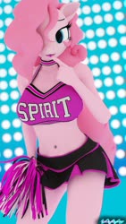 Size: 1152x2048 | Tagged: safe, artist:nyaasapphire, pinkie pie, earth pony, anthro, g4, 3d, belly button, cheerleader outfit, clothes, cute, female, finger to mouth pose, hair over one eye, looking at you, mare, midriff, miniskirt, pleated skirt, pom pom, sexy, skirt, solo, stupid sexy pinkie