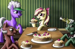 Size: 1185x782 | Tagged: safe, artist:28gooddays, oc, oc only, earth pony, pony, unicorn, blank flank, bow, cake, food