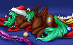 Size: 1426x882 | Tagged: safe, artist:28gooddays, oc, oc only, oc:equie, alicorn, pony, alicorn oc, christmas, decoration, garland, green mane, hat, holiday, horn, ornaments, santa hat, sleeping, solo