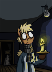 Size: 790x1100 | Tagged: safe, artist:28gooddays, pony, bags under eyes, candle, clothes, horror, knock-knock, lightbulb, monster, pajamas, ponified, scarf, solo, the lodger