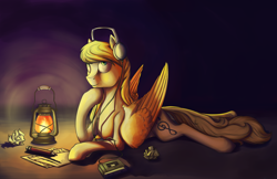 Size: 1496x970 | Tagged: safe, artist:28gooddays, oc, oc only, oc:crazy ditty, pegasus, pony, cassette player, crumpled, headphones, lantern, paper, solo
