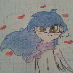 Size: 480x480 | Tagged: artist needed, safe, oc, oc only, oc:yanel love, pegasus, pony, clothes, female, halfbody, heart, lined paper, mare, scarf, smiling, solo, traditional art