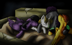 Size: 1200x750 | Tagged: safe, artist:28gooddays, oc, oc only, pegasus, pony, unicorn, biting, cuddling, ear bite, fallout, female, hug, male, mare, pipbuck, sleeping, stallion