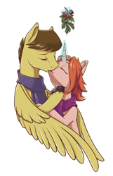 Size: 644x1000 | Tagged: safe, artist:28gooddays, oc, oc only, oc:desable, pegasus, pony, unicorn, christmas, clothes, couple, holiday, kissing, mistleholly, scarf, simple background, white background
