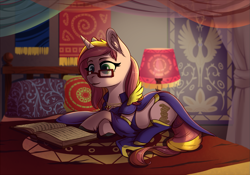 Size: 1425x1000 | Tagged: safe, artist:28gooddays, oc, oc only, pony, unicorn, bed, book, clothes, ear fluff, female, glasses, mare, on bed, prone, reading, socks, solo, ych result