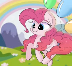 Size: 1080x991 | Tagged: safe, artist:janelearts, pinkie pie, earth pony, pony, g4, balloon, big eyes, cute, diapinkes, female, flower, grass, mountain, rainbow, smiling, solo