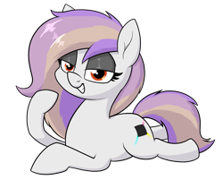 Size: 1441x1156 | Tagged: safe, artist:moonatik, oc, oc only, oc:moon dust, earth pony, pony, eyeshadow, female, grin, lidded eyes, looking at you, lying down, makeup, mare, raffle prize, simple background, smiling, smug, solo, transparent background