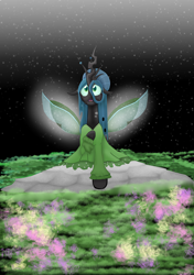 Size: 1280x1823 | Tagged: safe, artist:mr100dragon100, queen chrysalis, changeling, changeling queen, g4, a better ending for chrysalis, black background, changedling wings, clothes, cute, cutealis, dress, female, flower, grass, light, simple background, stone