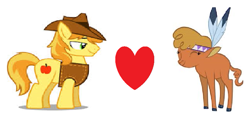 Size: 893x421 | Tagged: safe, braeburn, little strongheart, bison, buffalo, earth pony, pony, g4, female, heart, male, ship:braeheart, shipping, shipping domino, straight