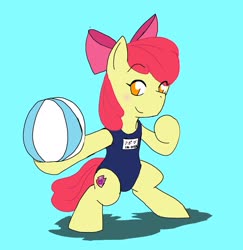 Size: 1989x2048 | Tagged: safe, artist:omegapony16, apple bloom, earth pony, pony, g4, beach ball, bipedal, bow, clothes, cutie mark, eye clipping through hair, female, filly, hair bow, one-piece swimsuit, school swimsuit, smiling, solo, sukumizu, swimsuit, the cmc's cutie marks