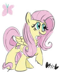 Size: 666x800 | Tagged: safe, artist:mirabuncupcakes15, fluttershy, pegasus, pony, g4, chest fluff, cute, female, folded wings, looking away, mare, medibang paint, open mouth, raised hoof, shyabetes, signature, simple background, smiling, solo, white background, wings