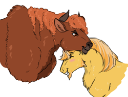 Size: 700x534 | Tagged: safe, artist:smexyhajisan, braeburn, little strongheart, bison, buffalo, earth pony, horse, pony, g4, beard, cropped, facial hair, female, male, older little strongheart, realistic, ship:braeheart, shipping, straight