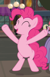 Size: 566x872 | Tagged: safe, screencap, luckette, pinkie pie, earth pony, pony, g4, the gift of the maud pie, bipedal, cropped, eyes closed, female, hooves in air, mare, offscreen character, open mouth, smiling, solo, underhoof