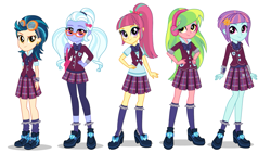 Size: 1455x819 | Tagged: safe, indigo zap, lemon zest, sour sweet, sugarcoat, sunny flare, equestria girls, g4, my little pony equestria girls: friendship games, bag, bowtie, clothes, crystal prep academy, crystal prep academy uniform, crystal prep shadowbolts, female, glasses, goggles, hand on hip, headphones, looking at you, plaid skirt, school uniform, shadow five, shoes, simple background, skirt, smiling, socks, white background