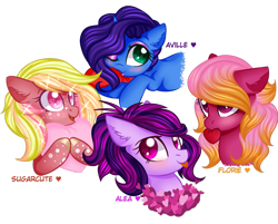 Size: 997x801 | Tagged: safe, artist:naezithania, oc, oc only, oc:alea, oc:aville, oc:florie, oc:sugarcute, pony, base used, female, heart, heart pillow, mare, mouth hold, pillow, simple background, transparent background