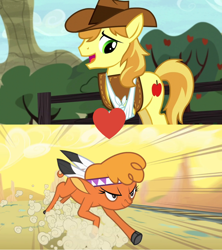 Size: 1024x1152 | Tagged: safe, edit, edited screencap, screencap, braeburn, little strongheart, bison, buffalo, earth pony, pony, appleoosa's most wanted, g4, over a barrel, clothes, female, male, ship:braeheart, shipping, shipping domino, stallion, straight