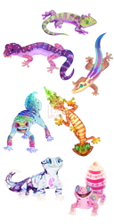 Size: 2000x3900 | Tagged: safe, artist:glitterstar2000, applejack, fluttershy, pinkie pie, rainbow dash, rarity, spike, twilight sparkle, gecko, leopard gecko, g4, crested gecko, geckoified, high res, mane seven, mane six, rough knob-tailed gecko, satanic leaf-tailed gecko, simple background, species swap, tokay gecko, watermark, white background, yellow-headed gecko