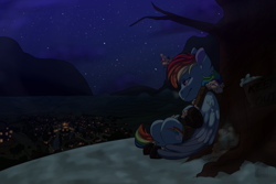 Size: 3000x2000 | Tagged: safe, artist:glitterstar2000, rainbow dash, pegasus, pony, g4, boots, canterlot, clothes, female, high res, implied tank, jacket, mare, night, ponyville, shoes, snow, solo, tree