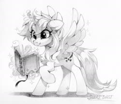 Size: 1967x1682 | Tagged: safe, artist:share dast, oc, oc only, alicorn, pony, alicorn oc, book, chest fluff, commission, commissioner:chasergugu, horn, monochrome, raised hoof, smiling, solo
