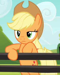 Size: 758x937 | Tagged: safe, screencap, applejack, earth pony, pony, applejack's "day" off, g4, bipedal, bipedal leaning, cropped, female, fence, leaning, lidded eyes, mare, solo