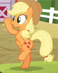 Size: 604x758 | Tagged: safe, screencap, applejack, earth pony, pony, applejack's "day" off, g4, bipedal, chicken dance, cropped, female, freckles, mare, open mouth, silly, silly pony, solo, underhoof, who's a silly pony