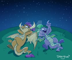 Size: 1024x851 | Tagged: safe, artist:dodgyrommer, smolder, spike, dragon, g4, butt, colored sketch, commissioner:foxlover91, deviantart watermark, dragoness, female, male, night, obtrusive watermark, open mouth, pointing, sketch, sky, stargazing, stars, watermark, winged spike, wings