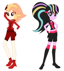 Size: 539x598 | Tagged: safe, artist:nightcorecat123, artist:selenaede, oc, oc only, oc:hesitant onyx, oc:passionate amber, equestria girls, g4, base used, boots, choker, clothes, coat, corset, equestria girls-ified, eyeshadow, female, gloves, high heel boots, makeup, midriff, multicolored hair, shoes, shorts, simple background, socks, stockings, tank top, thigh highs, white background