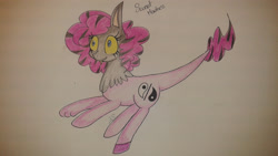 Size: 2560x1440 | Tagged: safe, artist:lmoustache, oc, oc only, oc:sweet madness, draconequus hybrid, female, interspecies offspring, offspring, parent:discord, parent:pinkie pie, parents:discopie, snaggletooth, solo, traditional art, yellow sclera