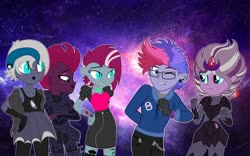 Size: 1280x800 | Tagged: safe, artist:doodleponyxx, artist:ravenwolf-bases, tempest shadow, oc, oc:cyclone (ice1517), oc:elizabat stormfeather, oc:sergeant powershift, oc:ultraviolet ray, icey-verse, equestria girls, g4, armor, base used, brother and sister, canon x oc, chains, clothes, coat, crossed arms, ear piercing, earring, equestria girls-ified, eye scar, eyeshadow, family, female, fingerless gloves, glasses, gloves, hoodie, jeans, jewelry, lesbian, lip piercing, lipstick, magical lesbian spawn, makeup, male, miniskirt, mother and child, mother and daughter, mother and son, multicolored hair, offspring, one eye closed, pants, pantyhose, parent:oc:elizabat stormfeather, parent:tempest shadow, parents:canon x oc, parents:stormshadow, piercing, scar, shipping, shirt, siblings, sisters, skirt, socks, stockings, stormshadow, tank top, tattoo, thigh highs, wall of tags, wink, wristband