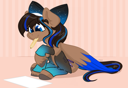 Size: 1280x880 | Tagged: safe, artist:cadetredshirt, oc, oc only, oc:blueberry parfait, pegasus, pony, bow, clothes, fetlock tuft, hair bow, mouth hold, pencil, simple background, solo, stockings, thigh highs, unshorn fetlocks, wings