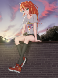Size: 2560x3413 | Tagged: safe, artist:amarthgul, sunset shimmer, twilight sparkle, human, g4, anime, beautiful, big crown thingy, brick wall, clothes, element of magic, female, high res, humanized, jewelry, legs, long socks, miniskirt, pleated skirt, ponytail, regalia, schrödinger's pantsu, shoes, sitting, skirt, smiling, sneakers, socks, solo, tree
