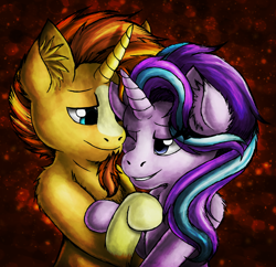 Size: 1956x1891 | Tagged: safe, artist:kukotte, starlight glimmer, sunburst, pony, unicorn, g4, abstract background, chest fluff, ear fluff, facial hair, female, goatee, lidded eyes, male, mare, missing accessory, ship:starburst, shipping, smiling, stallion, straight